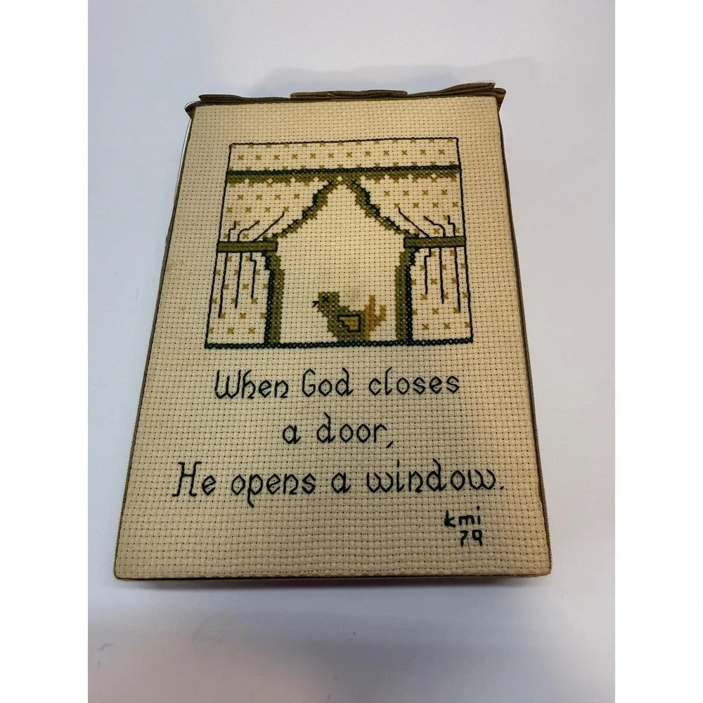 Vintage 1979 Cross Stitch Wall Art When God Closes a Door He Opens a Window 5x7